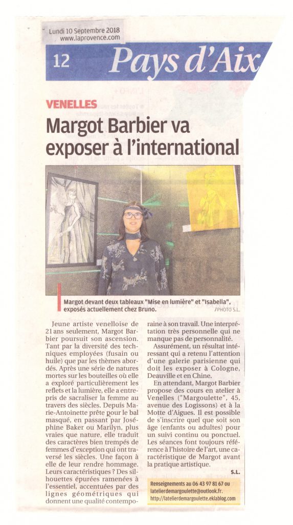 Presse "Margot Barbier va exposer à l'international" - La Provence le 10 Septembre 2018